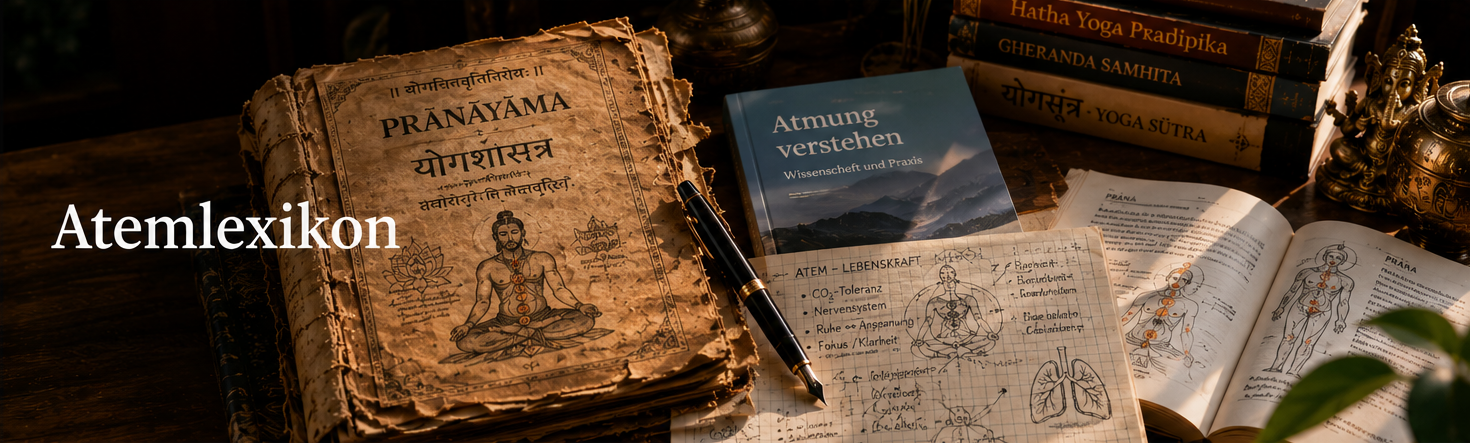 Atemlexikon mit Fachbüchern, Atemnotizen und Meerblick als visuelle Einführung in Atemwissen und Atembegriffe.