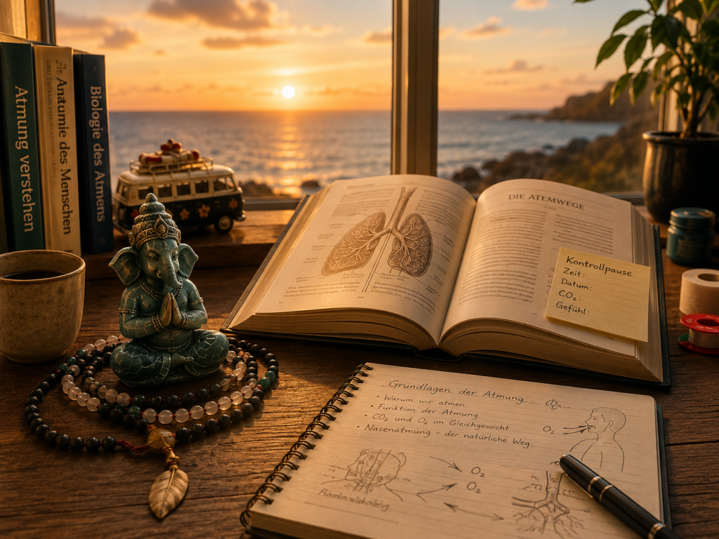 Arbeitsplatz mit Anatomiebuch, Notizbuch und Ganesha-Figur vor Meereskulisse als Symbolbild für Atemgrundlagen und funktionelle Atmung.