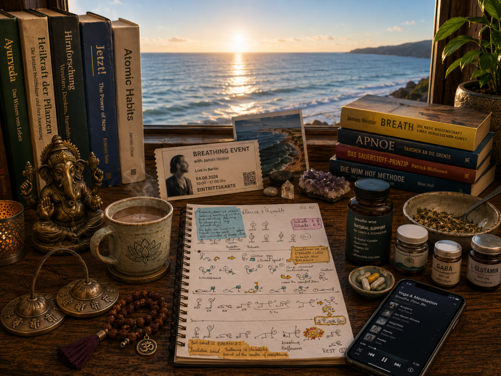 Schreibtischszene mit Büchern über Ayurveda, Hirnforschung, Atemtraining und persönliche Entwicklung sowie Nahrungsergänzungsmitteln, Yoga-Playlist, Unterrichtsnotizen und Meerblick als Symbol für vielfältige Themen rund um Atmung und Gesundheit.
