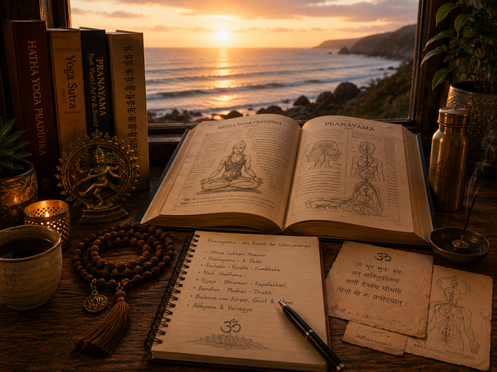 Yoga- und Pranayama-Arbeitsplatz mit Hatha Yoga Pradipika, Yoga Sutra, Mala, Räucherstäbchen und Notizbuch vor einer ruhigen Meereskulisse bei Sonnenuntergang.