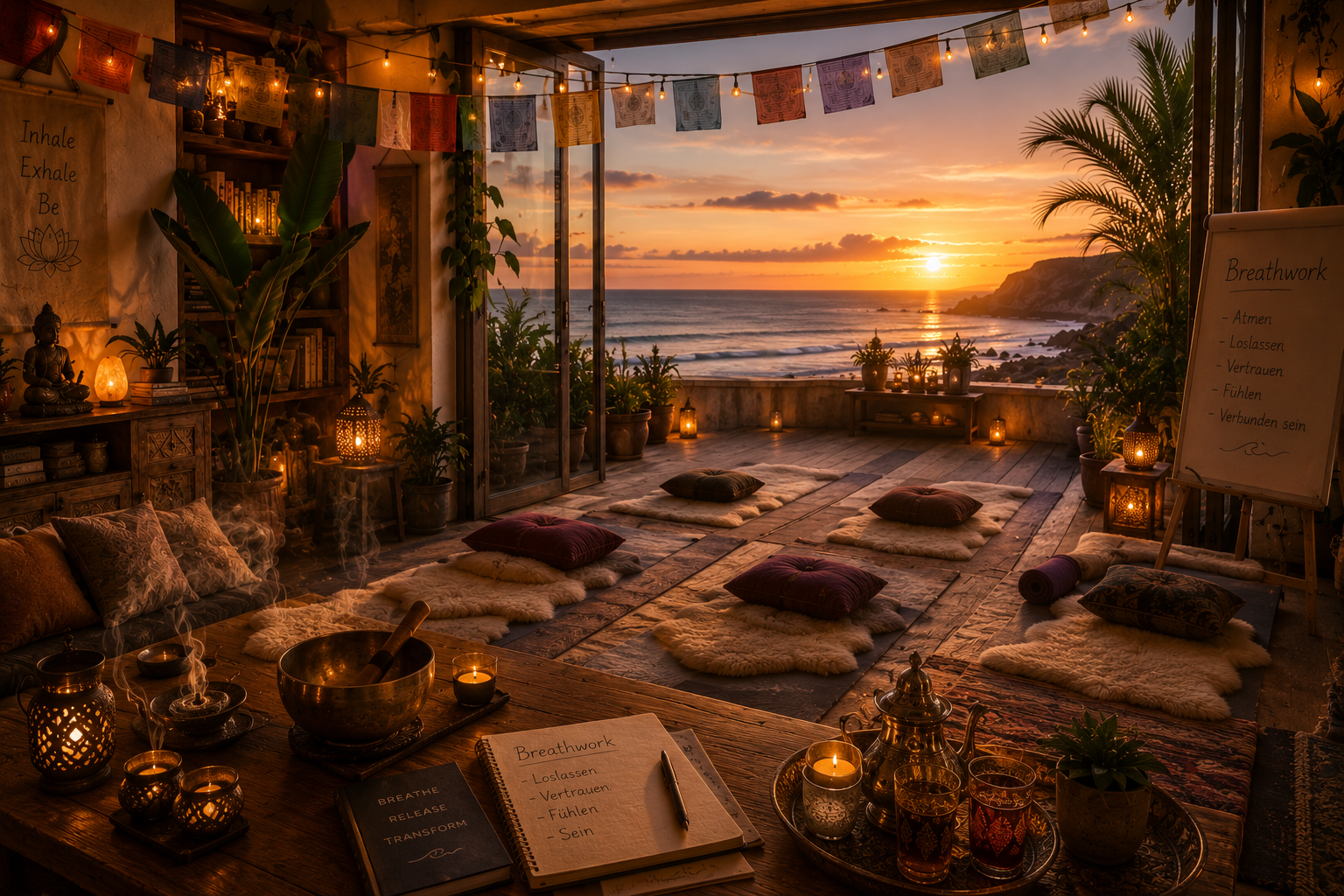 Stimmungsvoller Breathwork-Raum mit Klangschale, Kerzenlicht, Yogaplätzen und Sonnenuntergang über dem Meer.