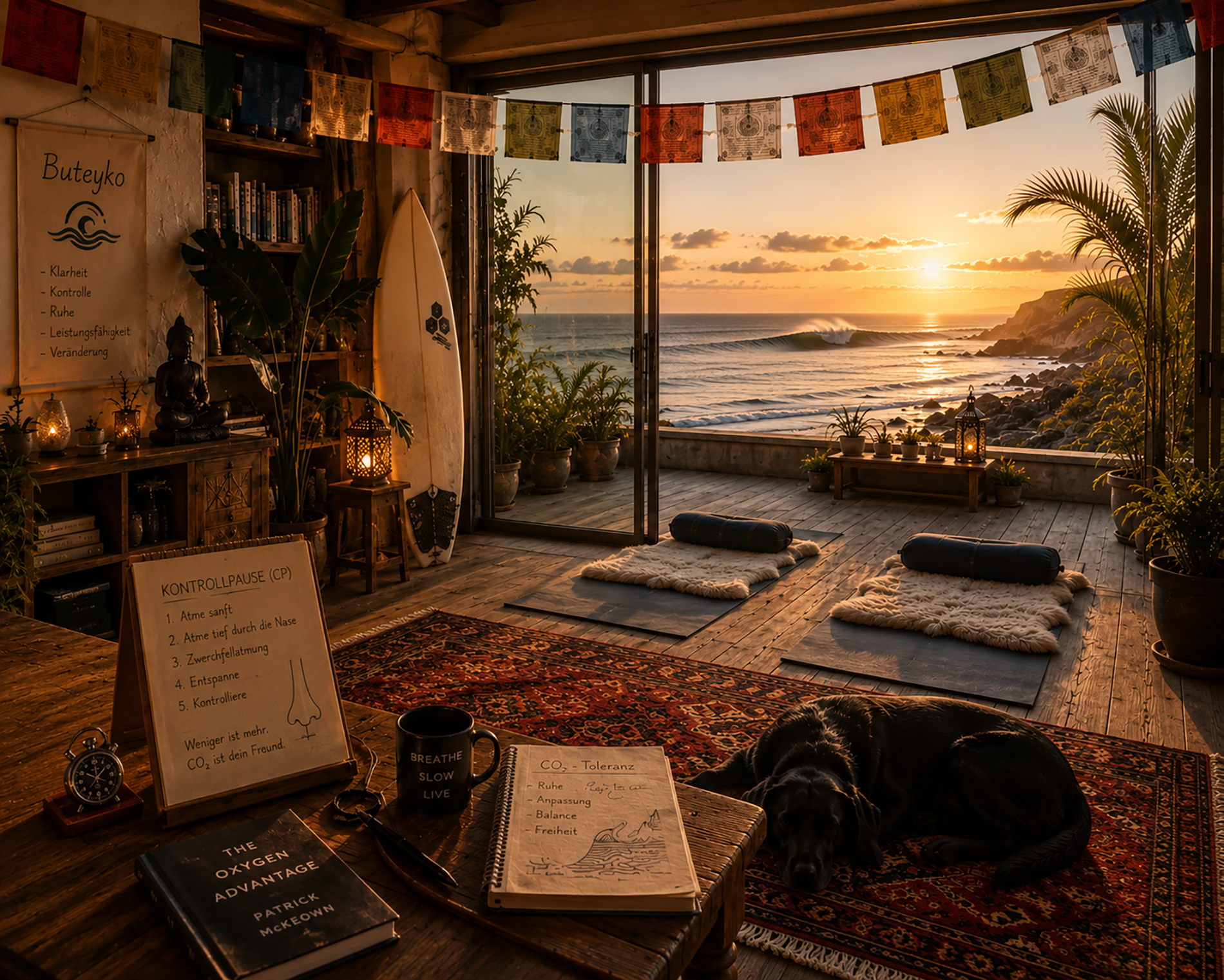 Buteyko-Trainingsraum mit Kontrollpausen-Tafel, Surfbrett, Yogamatten und schwarzem Labrador vor einer Meereskulisse.