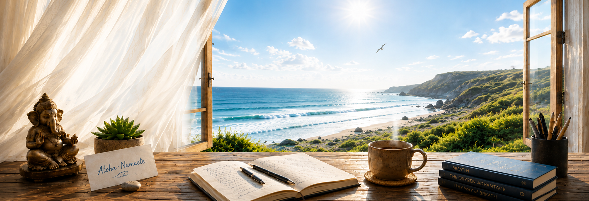Offener Schreibtisch mit Notizbuch, Ganesha-Figur, Teetasse, Büchern und Blick auf Meer und Küste.
